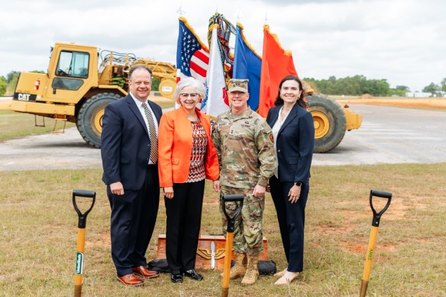 Maj. Gen. Michael C. McCurry, U.S. Army Aviation Center of Excellence and Fort Novosel commanding general stands with (left to right) Sen. Tommy Tuberville’s Regional Director, John Ferguson, Sen. Katie Britt’s District Staffer Melanie Hill, and State Director Dana McCain, after the groundbreaking ceremony for the Fort Novosel AIT barracks complex on April 10, 2024. 