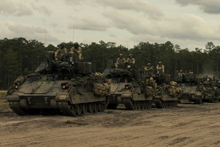 A group of M2A4 Bradley Fighting Vehicles, assigned to 1st Armored Brigade Combat Team, 3rd Infantry Division, prepare for a convoy during a situational training exercise during Marne Focus 2024, at Fort Stewart, Georgia, April 9, 2024. This exercise will showcase multi-domain concepts, demonstrate current capabilities, and test innovative tactics, techniques and procedures as the brigade modernizes.