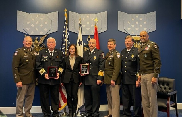 Representatives from U.S. Army Garrison Rock Island Arsenal and the Illinois Mutual Aid Box Alarm System (MABAS) were at the Pentagon yesterday to receive one of six 2023 Army Community Partnership Awards. Pictured are Maj. Gen. Joseph Ricciardi,...