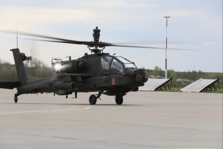 Seven AH-64E Apache helicopters assigned to the 1st Battalion, 3rd Aviation Regiment (Attack Battalion) arrive in support of Exercise Saber Strike 24 at Malbork Airbase, Poland, April 10, 2024. Exercise Saber Strike 24 is a sub-exercise of DEFENDER 24, linked to NATO&#39;s Steadfast Defender 24 Exercise. 12th CAB is among other units assigned to V Corps, America&#39;s Forward Deployed Corps in Europe. They work alongside NATO Allies and regional security partners to provide combat-ready forces, execute joint and multinational training exercises, and retain command and control for all rotational and assigned units in the European Theater. 