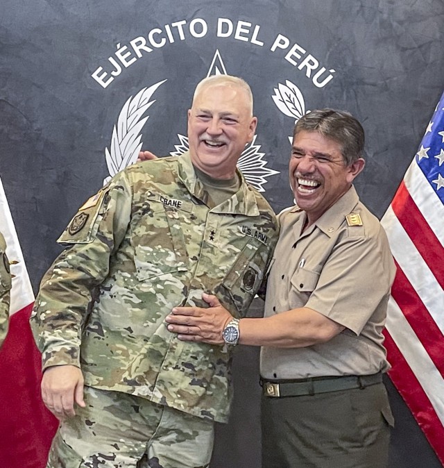 Maj. Gen. Bill Crane, adjutant general of the West Virginia National Guard, laughs with Gen. Orestes Vargas, Peruvian Army chief of staff, in Lima, Peru, in late March 2024. The West Virginia Guard partners with Peru, Qatar and Gabon via the Department of Defense National Guard Bureau State Partnership Program. (Courtesy Photo)