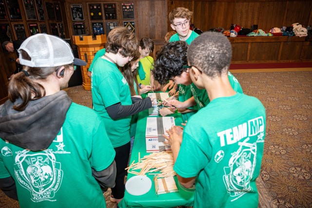 Teens build a bridge during Fort Leonard Wood’s Night at the Museum overnight lock-in April 12 at Fort Leonard Wood’s John B. Mahaffey Museum Complex. The sleepover is part of the Month of the Military Child celebration.