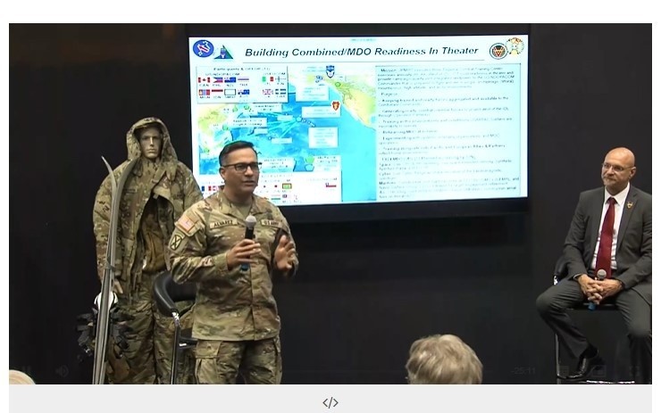 Lt. Col. Edgardo Alvarez, deputy commander, Joint Pacific Multinational Readiness Center, discusses during the Warriors Corner at the AUSA Global Force Symposium, the importance of training in the Pacific.