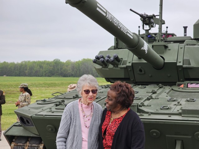 Rosella Hirsch, the sister of the late Army Pvt. Robert D. Booker and Freddie Jackson, the mother of the late Army Staff Sgt. Stevon Booker meet for the first time during the M10 Booker Dedication Ceremony at Aberdeen Proving Ground in Aberdeen, Md., April 18, 2024.