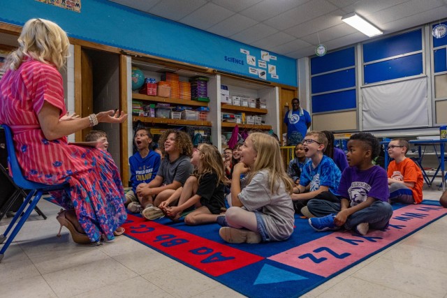 Kentucky First Lady Britainy Beshear visits the Child Development Center at Fort Knox April 19, 2024. Beshear visited multiple schools and childcare facilities on the installation, reading to and interacting with the children in honor of the Month...