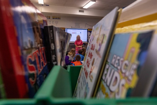 Kentucky First Lady Britainy Beshear visits the Child Development Center at Fort Knox April 19, 2024. Beshear visited multiple schools and childcare facilities on the installation, reading to and interacting with the children in honor of the Month...