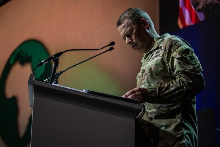 Maj. Gen. Todd R. Wasmund, commanding general, U.S. Army Southern European Task Force, Africa (SETAF-AF), provides remarks during the opening ceremony for the African Land Forces Summit (ALFS) 2024 in Livingstone, Zambia, April 22, 2024. Sponsored by the U.S. Army Chief of Staff and co-hosted by SETAF-AF and the Zambia Army, ALFS 2024 brings together senior leaders from across Africa and other partner nations, April 22-26 in Livingstone, to solidify relationships, exchange information on current topics of mutual interest and encourage cooperation in addressing challenges. This year’s theme is “Regional solutions to transnational problems.”
