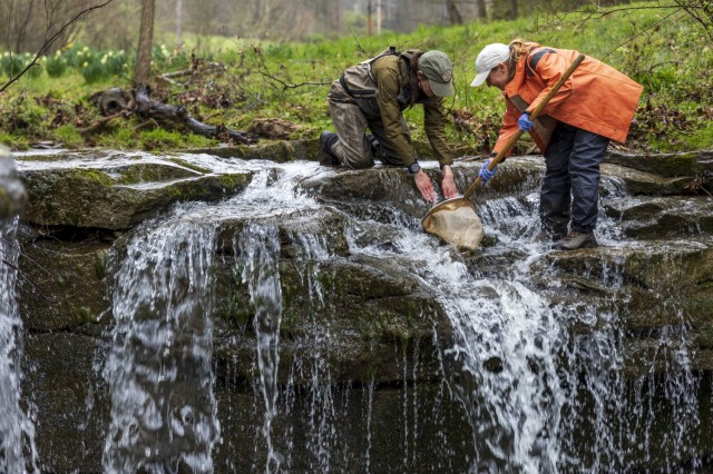 Andi Fitzgibbon, a water quality biologist with the U.S. Army Corps of Engineers Pittsburgh District, works alongside Jamie Detweiler, an aquatic biologist with the Pennsylvania Department of Environmental Protection, to collect water and biological samples to test water quality in a creek downstream from the Loyalhanna Dam in Saltsburg, Pennsylvania, April 10, 2024.