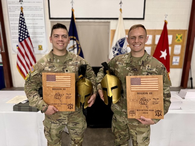 Tennessee National Guard Spc. Noah Green, left, and U.S. Army Sgt. Robert Buck with the Kentucky National Guard won the 2024 Region III Best Warrior Competition at the Wendell H. Ford Regional Training Center in Greenville, Kentucky, April 19,...