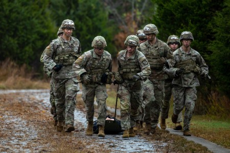 The Virginia Military Institute’s Alpha Ranger Challenge Team competes in the Commander’s Challenge event on October 28, 2023, at Fort Knox, Ky. The top two teams from each brigade Ranger Challenge go on to compete in the Sandh...