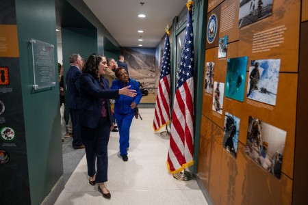 Performing the Duties of Deputy Under Secretary of Defense for Policy, Melissa Dalton observes the exhibit for the Pentagon’s Explosive Ordnance Disposal Exhibit at the Pentagon, Washington, D.C., April 23, 2024. 