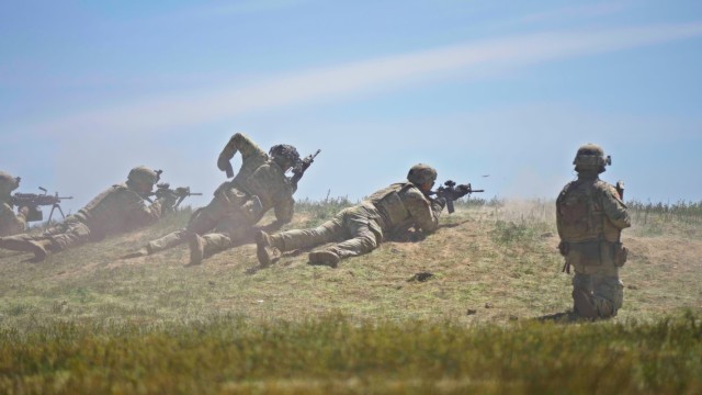 A fire team from the Oregon National Guard&#39;s 41st Infantry Brigade Combat Team fires at targets while conducting a squad live-fire exercise at Orchard Combat Training Center in Idaho April 19, 2024. The intensive range tested Soldiers&#39; abilities to maneuver under simulated combat conditions with pop-up targets and live ammunition. (U.S. Army National Guard Photo by Maj. W. Chris Clyne Oregon Public Affairs)