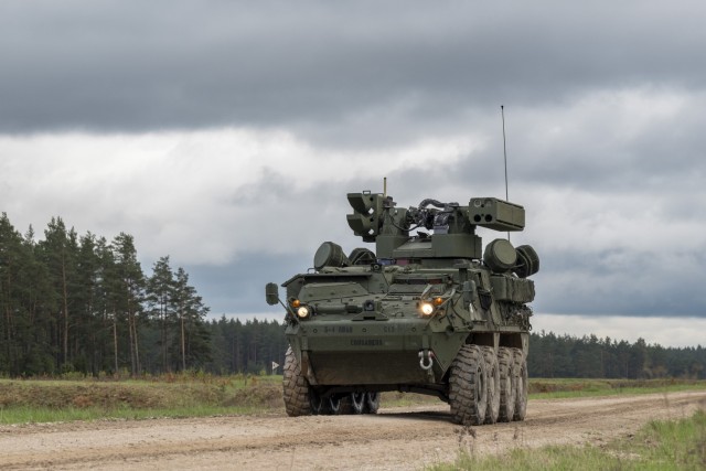 Air Defenders from Charlie Battery, 5th Battalion, 4th Air Defense Artillery Regiment, participate in a combined arms live-fire and radio rodeo for Saber Strike in Bemowo Piskie Training Area, Poland, in April 2024. Saber strikes one of the three sub-exercises that comprise DEFENDER 24.