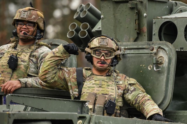 A U.S. Soldier, assigned to Quickstrike Troop, 4th Squadron, 2nd Cavalry Regiment, shows his motivation after a successful tube-launched, optically-tracked, wireless-guided weapon system live fire exercise at the 7th Army Training Command&#39;s Grafenwoehr Training Area, Germany, March 21, 2024.