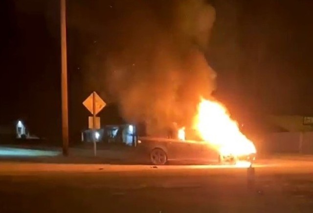 Flames engulf a vehicle Jan. 23, 2021, at a gas station in Crocker, Missouri. Sgt. 1st Class Matthew Mobley stopped on his way to work to save the life of a motorist trapped inside the vehicle. For his actions, Mobley was awarded the Soldier’s Medal by Maj. Gen. Christopher Beck, Maneuver Support Center of Excellence and Fort Leonard Wood commanding general, and MSCoE and Fort Leonard Wood Command Sgt. Maj. Jorge Arzabala, during an April 29 ceremony in Lincoln Hall Auditorium. 