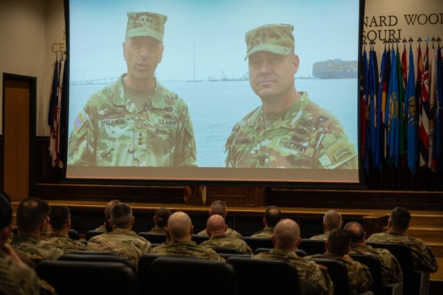 U.S. Army Chief of Engineers and Commanding General of the U.S. Army Corps of Engineers, Lt. Gen. Scott Spellmon (left), and Senior Enlisted Advisor, Command Sgt. Maj. Douglas Galick, address Soldiers gathered April 25 in Lincoln Hall Auditorium...