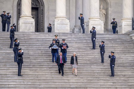 A military body bearer team carries an urn with the cremated remains of Col. Ralph Puckett, Jr., the last living Korean War Medal of Honor recipient, down the steps of the U.S. Capitol, April 29, 2024. The U.S. Army veteran passed away April 8, 2024, at the age of 97.