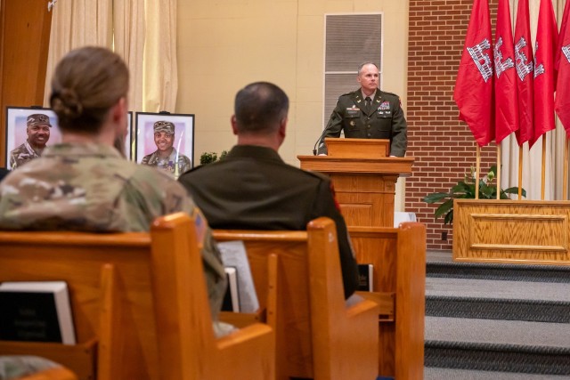 Col. Joseph Goetz, U.S. Army Engineer School commandant, delivers remarks in memory of fallen engineers during the Fallen Sapper Memorial ceremony, held April 25 at Soldier Memorial Chapel.