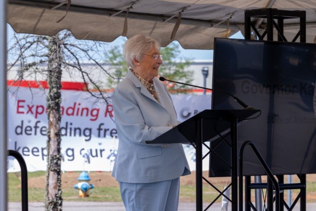 Gov. Kay Ivey gives remarks Thursday during a groundbreaking ceremony for the expansion of the Raytheon facility on Redstone Arsenal.
