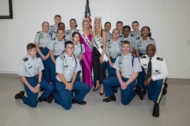 Madison Marsh and Hanley House, Miss America and Miss America's Teen 2024, attend a luncheon with Fort Knox Middle High School JROTC students at Fort Knox, Kentucky May 2, 2024.