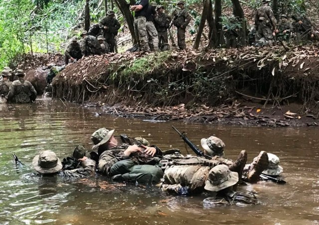 Capt. Michael Johnson and his team go through waterborne operations as part of the Jungle Operations Training Course in Hawaii in 2019. The last week of the course was dedicated to the field training exercise and was conducted entirely in the jungle. 