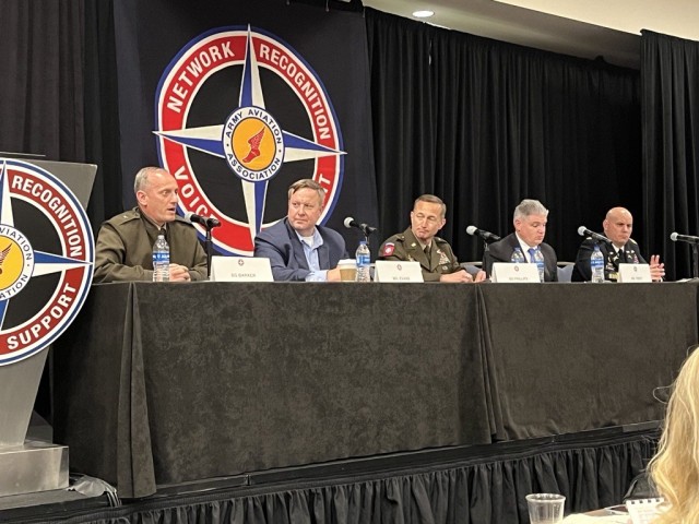 Brig. Gen. Ed Barker,  PEO IEW&S, left, hosts a panel during Quad A: Modernized Sensors for Aerial ISR and Survivability.  Participants include (l-r): Andrew Evans, Dir. ISR Tsk Force, Brig. Gen. David Phillips, PEO Aviation, Dennis Teefy, PD SAI, and Col. Brock Zimmerman, PM ASE.