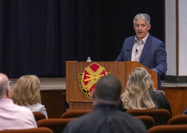 PICATINNY ARSENAL, N.J. - Dr. Gregg Zimmerman, a Urologic Oncologist and Director of Robotic Surgery at Saint Clare&#39;s Health, speaks to the Picatinny workforce on May 1.