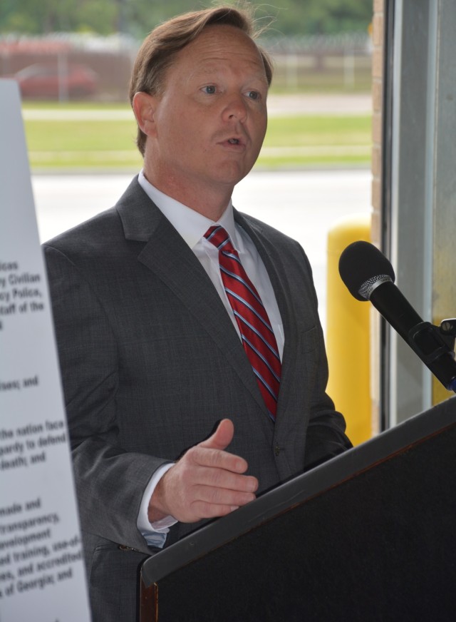 The Honorable Brian K. Epps, Federal Magistrate Judge, Southern District of Georgia, delivered the keynote address at the Fort Eisenhower Garrison Directorate of Emergency Services National Police Week opening ceremony May 13.