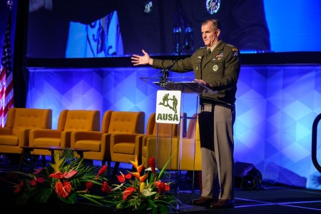 Gen. Charles Flynn, commander, U.S. Army Pacific, delivers opening remarks at the Landpower in the Pacific conference in Waikiki, Hawaii, May 14, 2024.  The conference, hosted by the Association of the U.S. Army, brings together representatives from armies from across the Indo-Pacific for leader development and professional discussion.