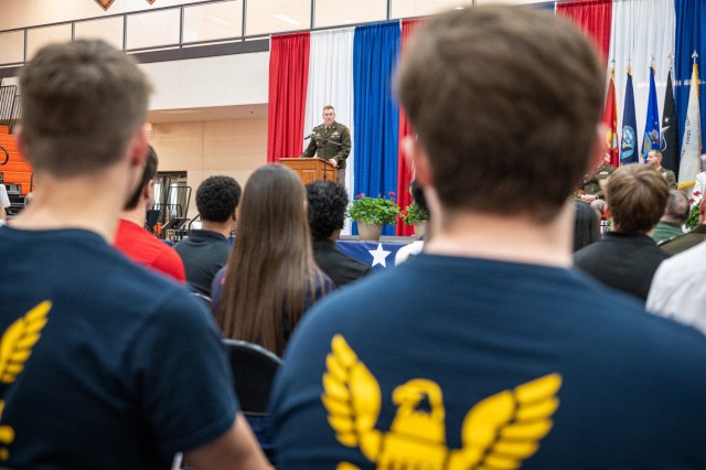 At the Community Salute to Service event May 10 in the Waynesville High School gymnasium, Maj. Gen. Christopher Beck, Maneuver Support Center of Excellence and Fort Leonard Wood commanding general, recognizes students from Fort Leonard Wood’s...