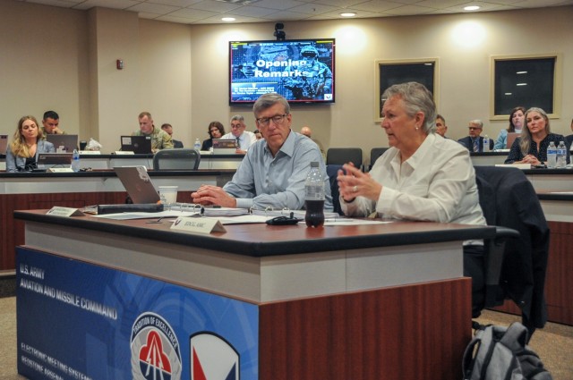 Marion Whicker, Army Materiel Command executive deputy to the commanding general, provides remarks during a bi-annual war game at Redstone Arsenal, Alabama, May 15-16. The war game included leaders around the Army and underlined the importance of...