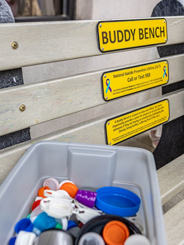 Members of the Environmental Management Division present the Alcohol and Substance Abuse Prevention Prpgram a Buddy Bench at Fort Knox, Kentucky May 17, 2024. The bench was placed in front of the Suicide Prevention Program Coordinator's office to...