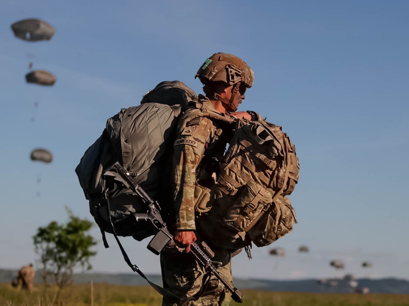 A U.S. Army paratrooper assigned to the 82nd Airborne Division rucks to an assembly area as a part of a joint forcible entry during Swift Response 24 at Luna, Romania, May 13, 2024. Swift Response 24 is linked to NATO’s Steadfast Defender 24,...