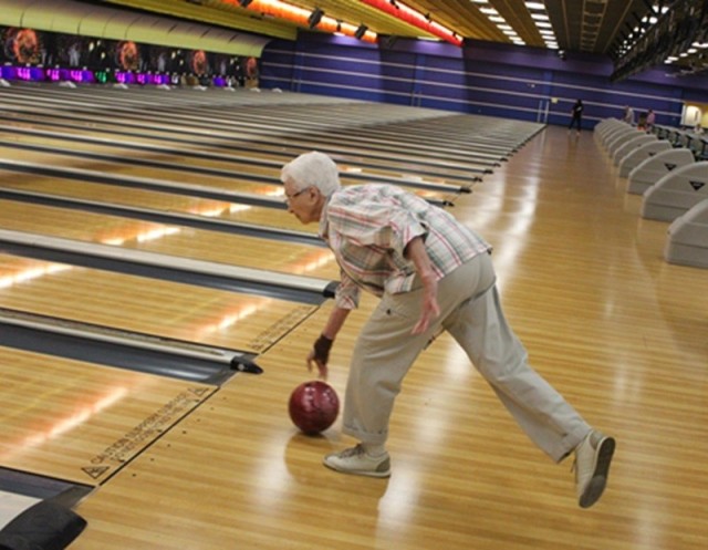 Fran Ford, 91, practices Thursday at the Redstone Lanes Bowling Center.