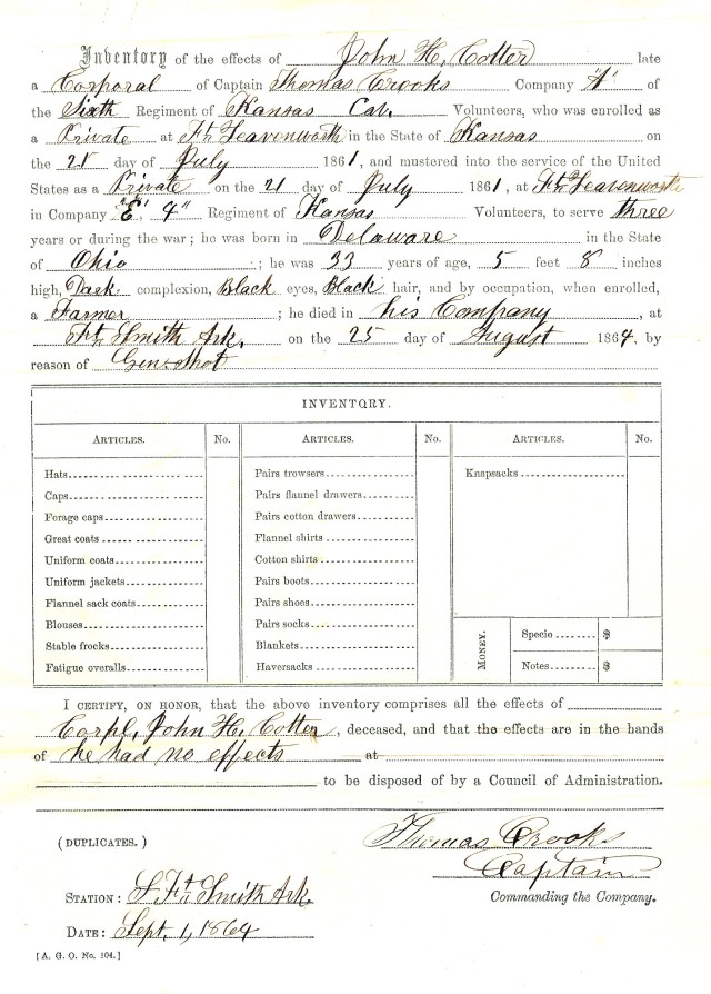 Personal Effects Inventory, Cpl. John H. Cotter, "Personal Effects," 1864. Frontier Army Museum collection CCN: 78482