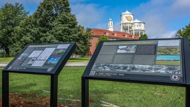 Two interpretave panels memorialize historic water towers one and two at Fort Knox, Kentucky May 24, 2024. The water towers were one of the first structures built solely in support of the Army.