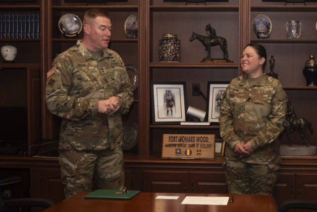 Maj. Gen. Christopher Beck, Maneuver Support Center of Excellence and Fort Leonard Wood commanding general, thanks Lt. Col. Kathryn Shaw for the work she did as the MSCoE and Fort Leonard Wood Command Inspector General during a May 28 ceremony in...