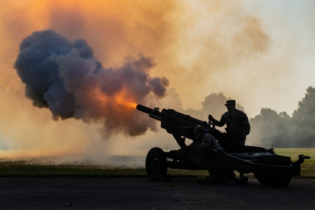 Members of the Bravo Battery 1-5 Field Artillery, First Armored Brigade Combat Team, 1st Infantry Division, For Riley, Ks. complete a 3-gun salute during the 3rd Regiment, Basic Camp, graduation ceremony at Fort Knox, Ky., August 16, 2023. This...