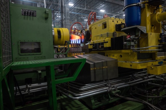 Production line at the Universal Artillery Projectile Line (UAPLF) in Mesquite, Texas. The state-of-the-art facility will feature high-volume production capabilities for larger caliber metal parts, equipped with long-stroke, high-tonnage forging...