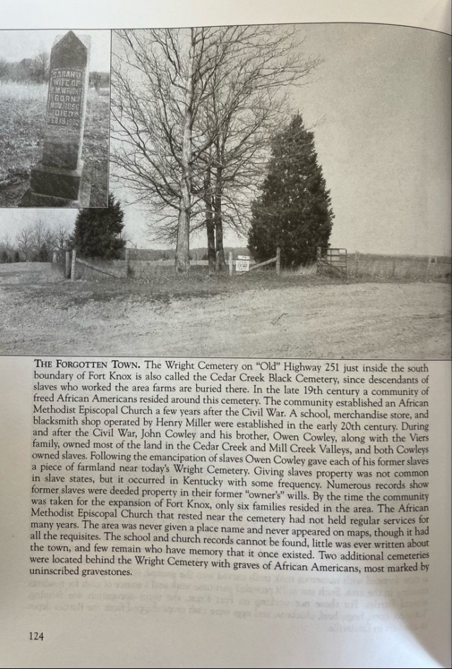 A photo of the Wright Family Cemetery from Images of America, The Land Before Fort Knox, by Gary Kempf.