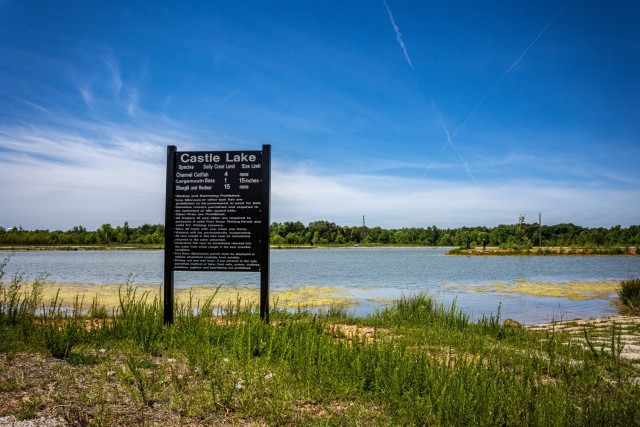 Two individuals fish at Fort Knox’s Castle Lake May 31, 2024. The lake opened May 11, after being constructed by 19th Engineer Battalion in partnership with the Natural Resources Branch.