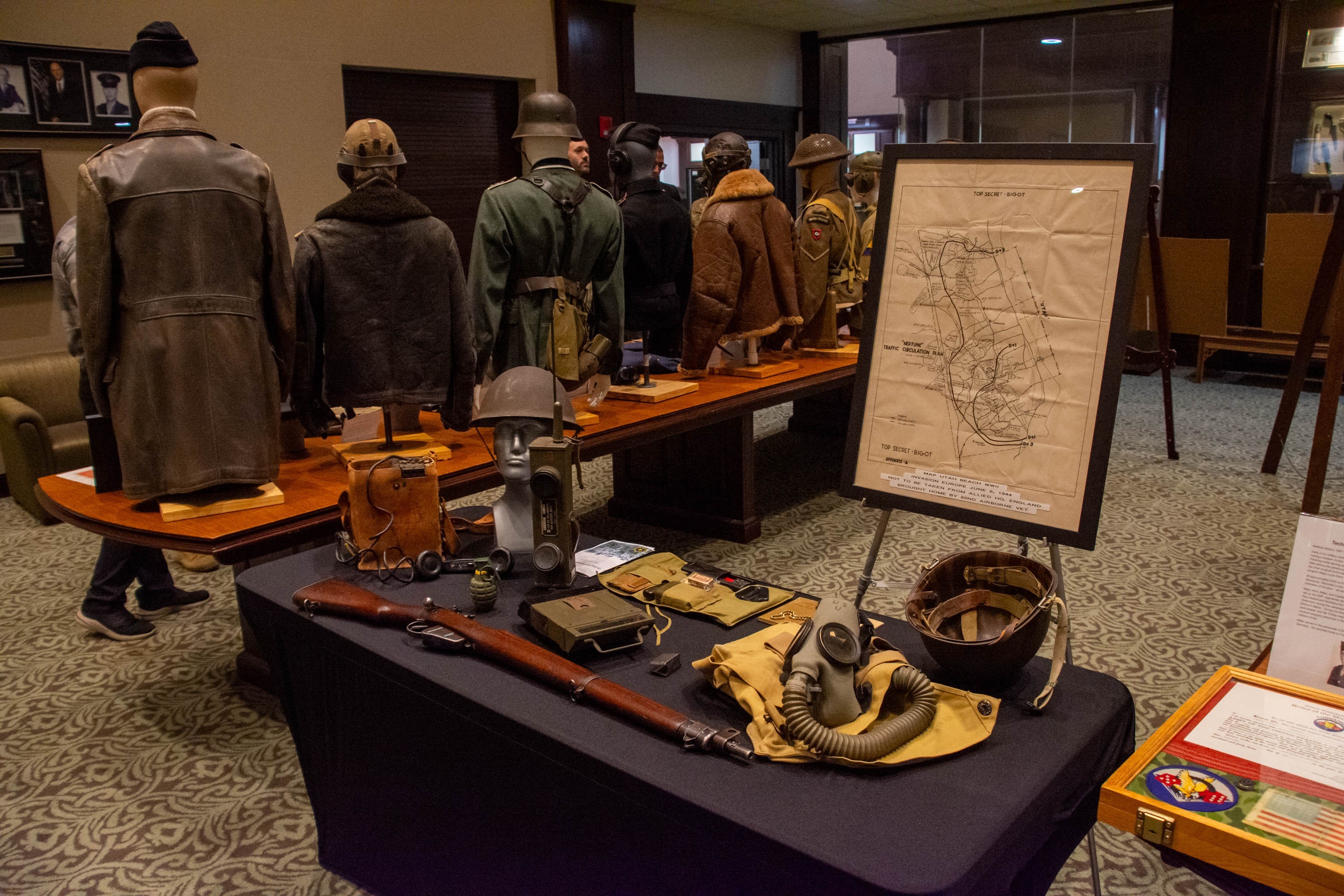The Army University’s Department of Military History in collaboration with the Frontier Army Museum curated a special display of World War II artifacts to include uniforms and weapons in the Senator Roberts Room of the Lewis and Clark Center for a D-Day Commemoration Event June 4, 2024. 