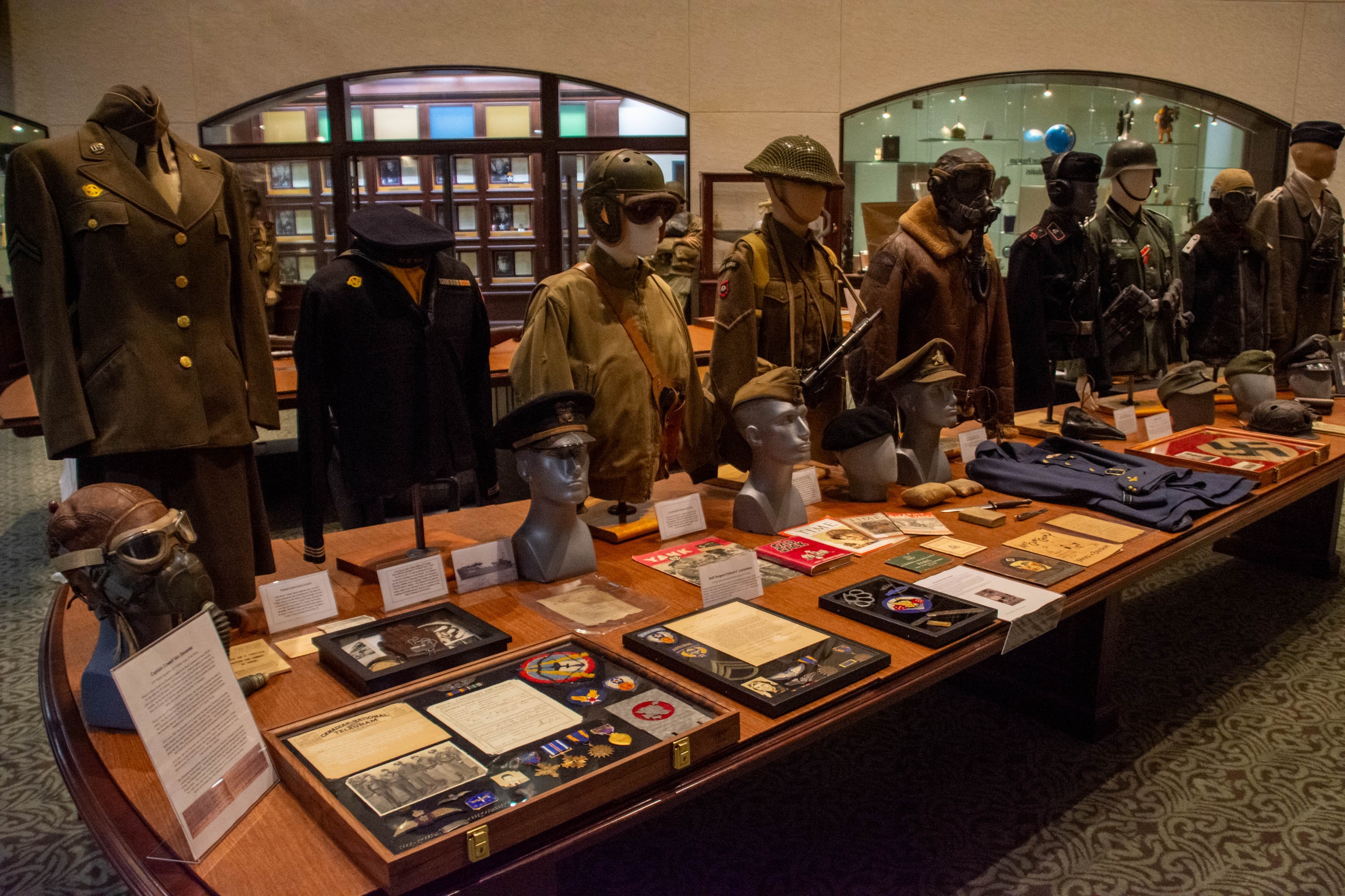The Army University’s Department of Military History in collaboration with the Frontier Army Museum curated a special display of World War II artifacts to include uniforms and weapons in the Senator Roberts Room of the Lewis and Clark Center for a D-Day Commemoration Event June 4, 2024. 