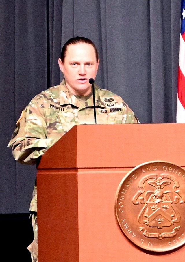 Incoming Midwest Joint Regional Correctional Facility Battalion (Corrections) Commander Lt. Col. Laura Proffit delivers remarks during her change of command ceremony with outgoing MWJRCF Battalion Commander Lt. Col. Byron Greene May 31 in DePuy...