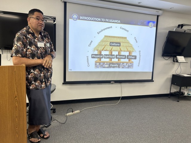 Michael Fusi Ligaliga, assistant professor and program lead of Pacific Island Studies at Brigham Young University in Hawaii, speaks during a two-day workshop at the Nevada National Guard's Office of the Adjutant General in Carson City, Nevada....