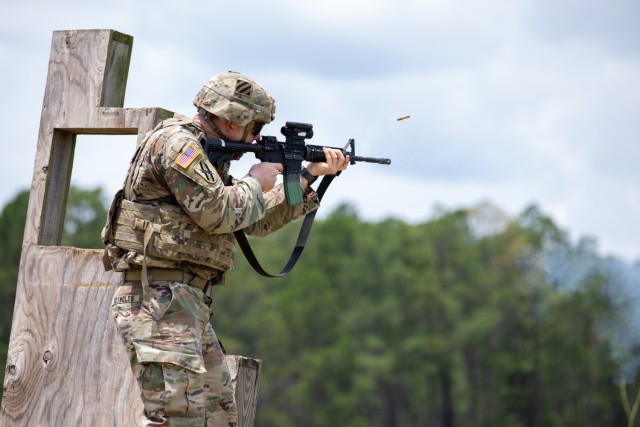 A Georgia Army National Guard Soldier assigned to Headquarters Company, 48th Infantry Brigade Combat Team, fires an M4 carbine rifle for annual qualification on a training range in Fort Stewart, Georgia, June 5, 2024. (U.S. Army photo by Maj....