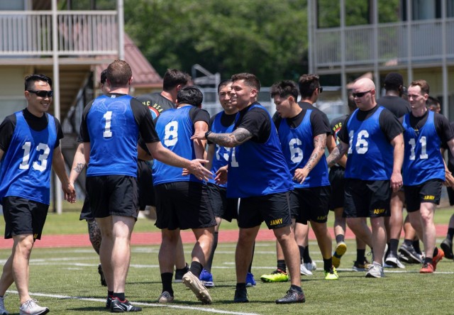 Ultimate frisbee players shake hands following a game during Army Week festivities at Camp Zama, Japan, June 11, 2024. Personnel across U.S. Army Japan celebrated the Army’s 249th birthday with some friendly competition in various sports...