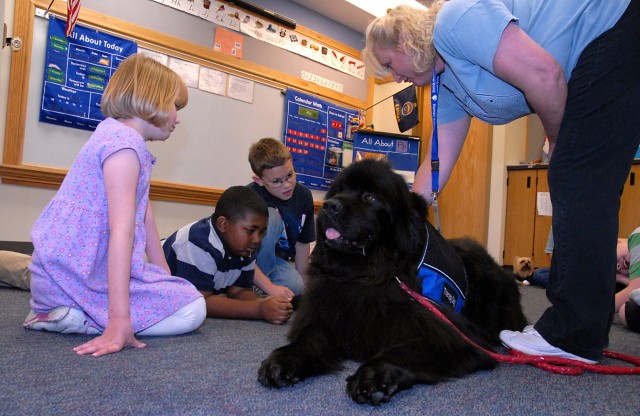Alivia McDaniels, Ethan Collins and Elijah Felix, students in Rachel Braga's structured learning classroom, look at Newfoundland Annabelle's organization badges as her owner, Human Animal Bond Director Kendell Casey, explains what they mean during...