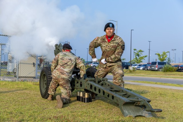 Eighth Army Soldiers fire a cannon to begin the Eighth Army formation run on U.S. Army Camp Humphreys, South Korea, June 10, 2024. Eighth Army's KATUSA Friendship Week 2024 began with formation runs at all three U.S. Army garrisons across South...