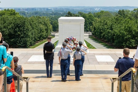 Four JROTC Cadets competing in the JROTC Leadership Bowl were selected to represent Army JROTC and place a wreath at the Tomb of the Unknown Soldier on June 18 at Arlington National Cemetery. Army JROTC cadets from across the n...